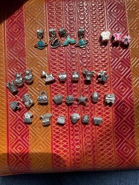 Lot of 29 Silver Tone Mixed Charm Set – Blue & Pink Accents